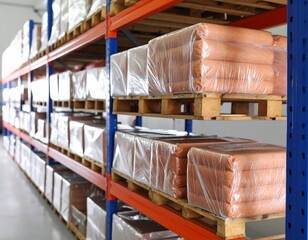 Wrapped goods sitting on wooden pallets in distribution warehouse