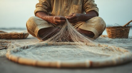 Fisherman’s hands weaving fishing net on the shore at sunset creating an authentic traditional scene perfect for cultural storytelling, coastal lifestyle visuals and documentary content