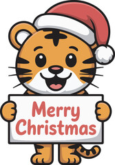 Obraz premium Cute Tiger with Santa Hat Holding Merry Holiday Sign Vector Graphic for Seasonal Designs