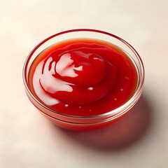 Sweet and sour red sauce in a clear bowl, thick and glossy surface, smooth pastel sand background, top-down view, highly detailed.