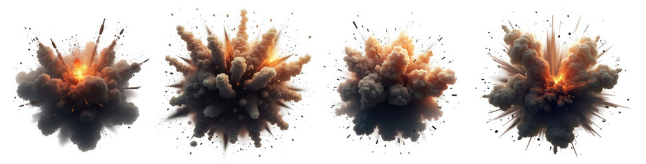 Four different explosions with fire and smoke isolated on a clean transparent background to emphasize the destructive power