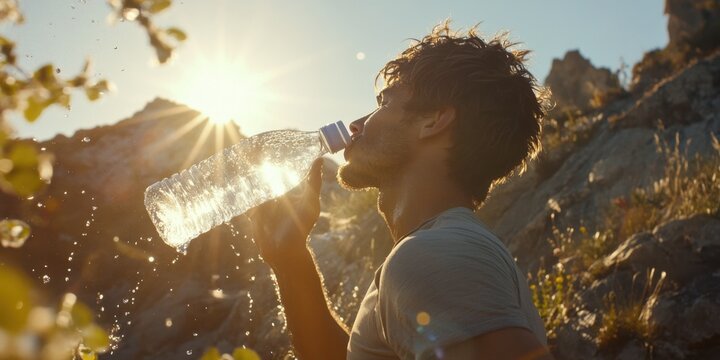 A man drinks water from a plastic bottle on a mountain.