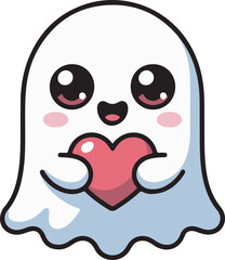 Adorable Ghost Holding Heart Cartoon Character Vector Illustration Design