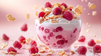 A bowl of strawberry yogurt with granola and raspberries. The bowl is half full and the raspberries are scattered around the rim