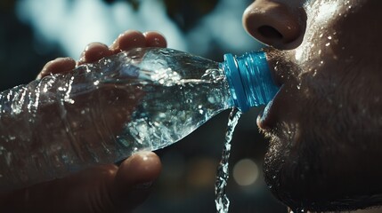 Person drinking water from a plastic bottle.