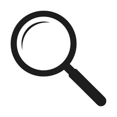 Simple black magnifying glass icon on a white background for search and discovery