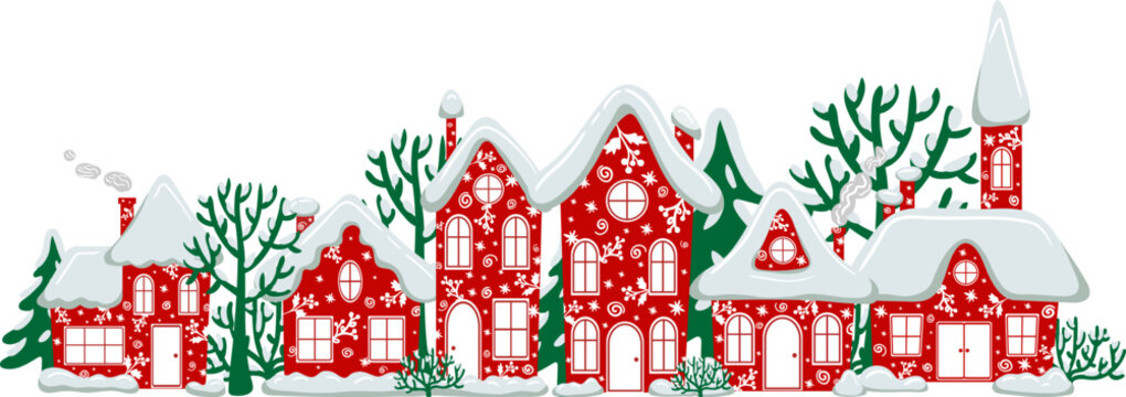 christmas winter village border red snowy houses and green trees festive decoration element greeting card new year banner horizontal design