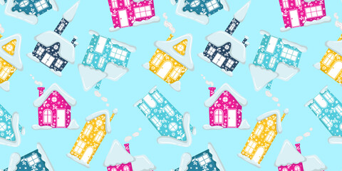 colorful seamless winter pattern with cartoon snow covered houses in pink yellow blue and navy on light background festive vector for kids fabric or wrapping
