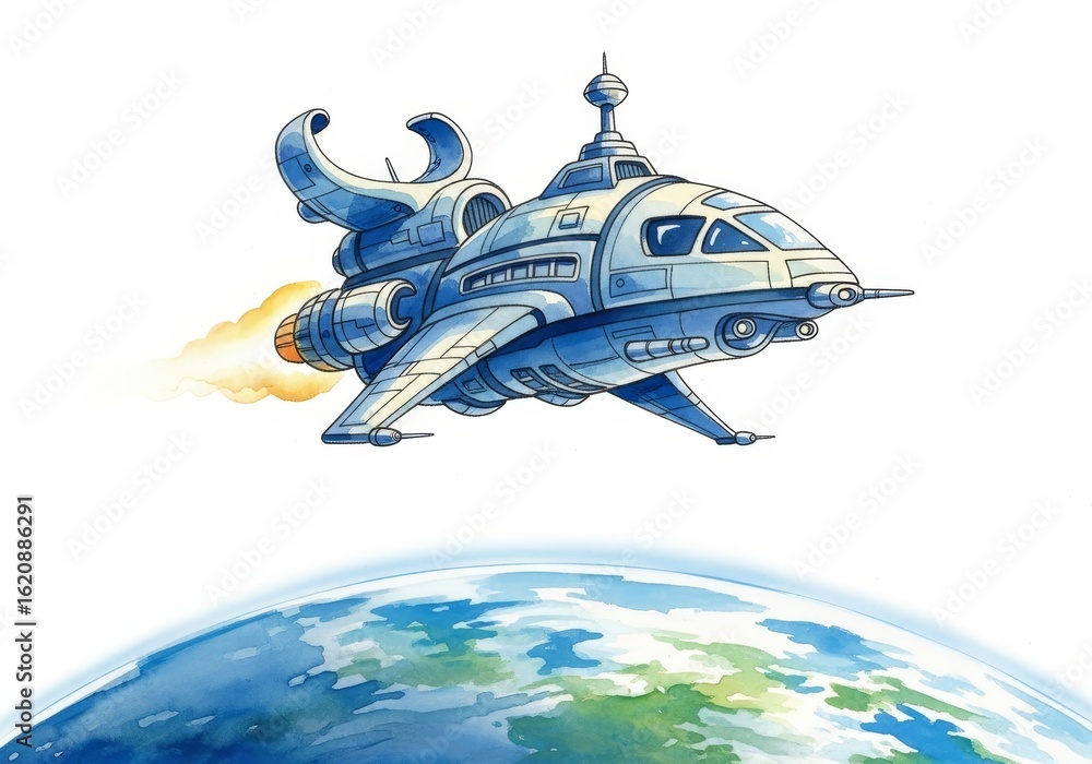 Aufkleber spaceship orbiting earth - a cartoon spaceship with retro-futuristic design speeds through space abo
