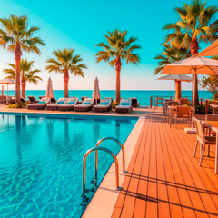 A high-contrast, hot-colored image of a resort pool with a side ladder, lounge chairs, a wooden deck with tables, palm trees, and a turquoise sea under a summer blue sky, from a different angle.

