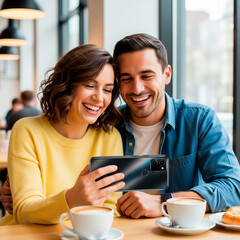 A couple laughs genuinely, sharing a moment of joy as they look at a cell phone, with the back of the phone facing the camera, in a bright, modern setting.