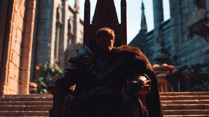 Medieval Knightly King on Throne in Sunlit Castle Interior 