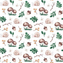 Summer forest seamless pattern hand drawn with watercolor. Cute forest scene. Gender neutral pattern. For kids textile, fabric, clothing, cards, wallpaper
