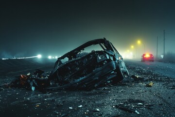 Wreckage of a car on a dark, foggy night.