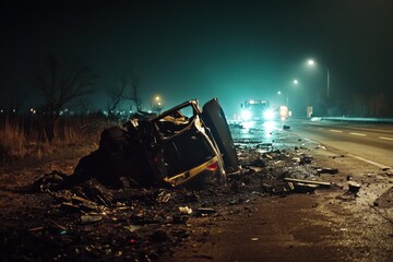 Wreckage of a vehicle on a highway at night.
