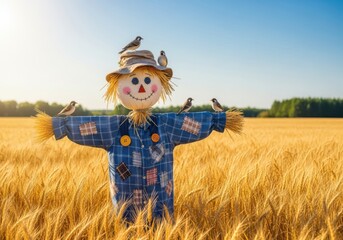A scarecrow stands guard in a golden wheat field under a clear blue sky on a sunny autumn day