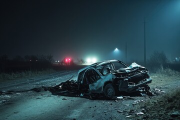 Damaged vehicle on a dark country road at night.
