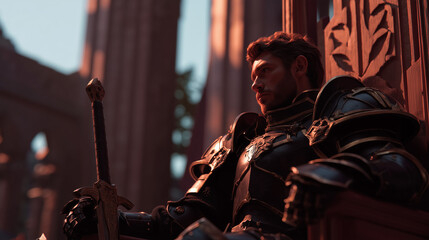medieval knight in armor sitting on throne at sunset 