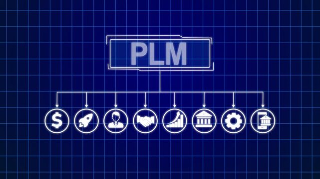 PLM Product lifecycle management system technology concept. Technology,Person interacting with PLM interface on tablet.