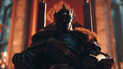 medieval knight in dark armor on throne in dimly lit hall 