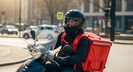 Delivery driver on scooter with red backpack in city street during daytime sunlight conditions on transparent background