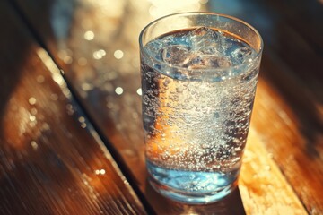Sparkling water in a glass on a wooden table.