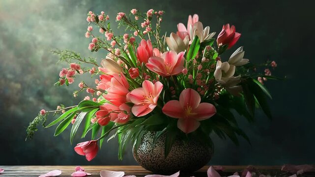 Pink and white tulips and chamelaucium uncinatum flowers in vase