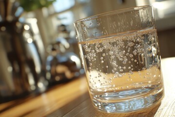 Sparkling water in a glass tumbler.