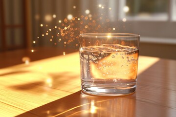 Sparkling water in a glass, illuminated by sunlight.