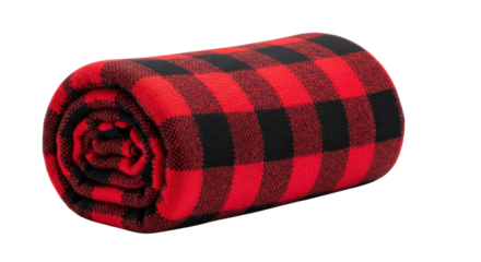 Rolled red and black buffalo plaid fleece blanket isolated on a white background
