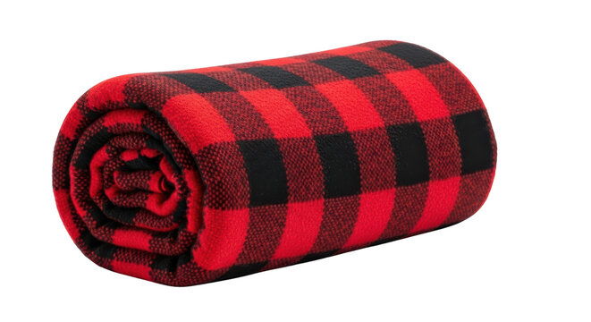 Rolled red and black buffalo plaid fleece blanket isolated on a white background
