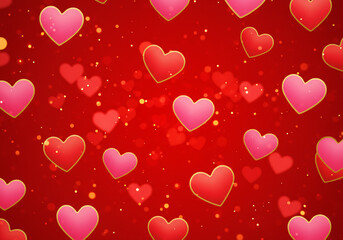 A cheerful background full of various red hearts and soft golden light spots, creating a loving and romantic ambiance