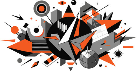 Abstract geometric composition with compass and sharp shapes in orange gray and black navigation