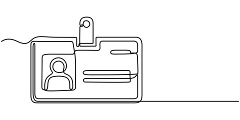 Continuous line drawing badges id cards holders isolated on white background. Vector illustration, man shows her badge, which hangs around his neck - one line drawing. concept correspondent