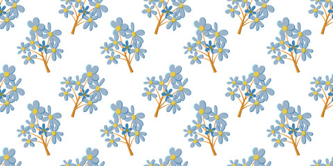 Seamless floral pattern with blue cartoon flowers on white background