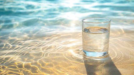 Clear glass of water on sandy beach.