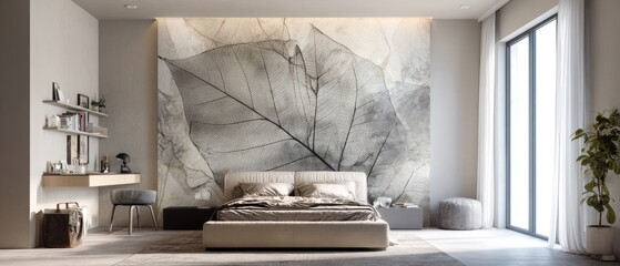 Serene Bedroom Design with Skeleton Leaf Wallpaper