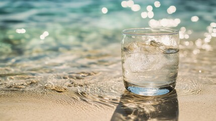 Refreshing glass of water on the beach.