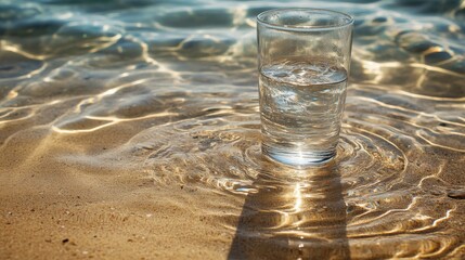 Clear glass of water on a sandy beach.