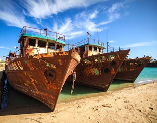 Rusty shipwrecks resting on sandy beach under blue sky