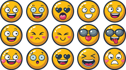 Fifteen diverse yellow emoji faces showcasing a range of emotions and styles with heart accents emoticon