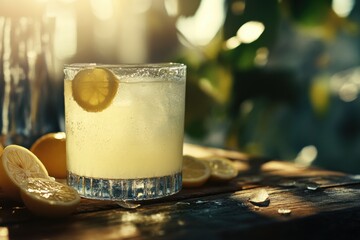 Refreshing iced lemonade in a glass, garnished with a lemon slice.