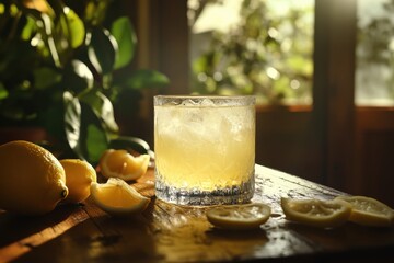 Refreshing citrus drink on a rustic wooden surface.