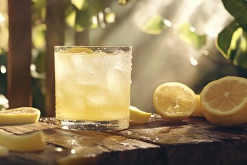 Refreshing iced lemonade in a glass tumbler.