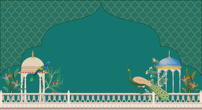 Traditional Mughal garden arch, peacock palace illustration frame for wedding invitation