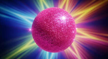 A sparkling pink sphere with light rays emanating from behind on a dark gradient background on transparent background