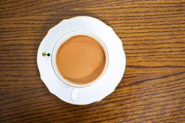 Top View Tea Cup on Wooden Table Cozy Drink Flat Lay