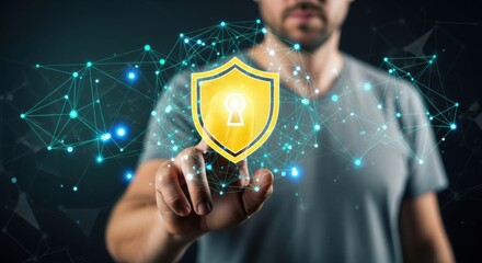 Man touching a glowing yellow shield with a lock icon, symbolizing digital security and data protection in a connected network
