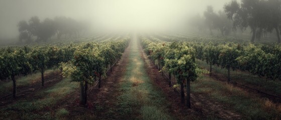 Misty Vineyard Rows, Serene Morning