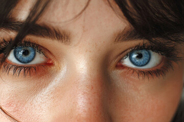 Obraz premium Extreme macro close-up portrait of face. Young adult beautiful pretty woman's eyes looking at camera. Blue eyes of teen girl female. Caucasian woman wide opening eyes, smiling. Laser correction